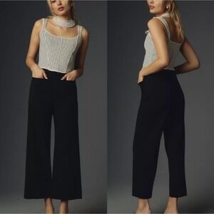 Maeve Anthropologie Colette Black Linen Wide Leg Crop Pant Sz 25 Patch Pocket